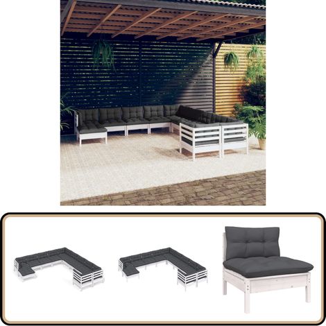 11-tlg. Garten-Lounge-Set mit Kissen Weiß Kiefernholz - Gartenmöbel - Lounge Set - Outdoor Möbel - Kiefernholz - Rattan