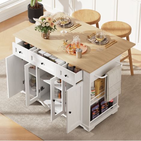 Isola cucina estensibile con piano ribaltabile, MDF e metallo, bianco DESVIAE (1/5)