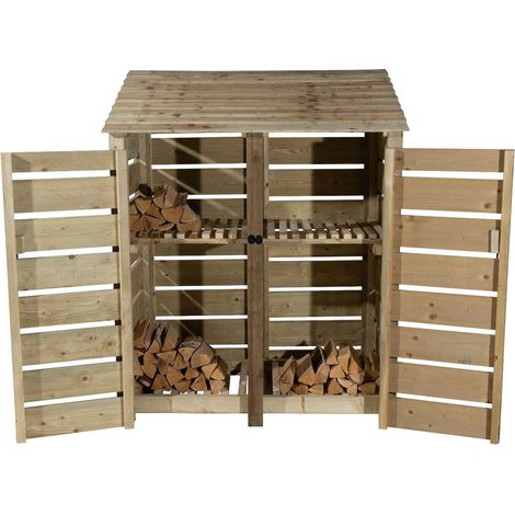 Slatted wooden log store with door and kindling shelf W-146cm, H-180cm, D-88cm - natural (light green) finish