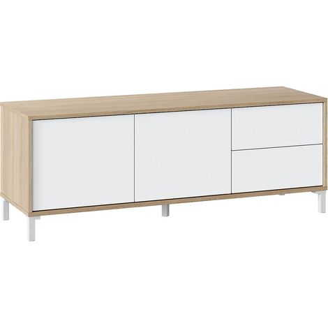 Meuble TV avec 2 portes et 2 tiroirs coloris chêne canadien / blanc artic - Longueur 47 x Hauteur 130 x Profondeur 41 cm -PEGANE-