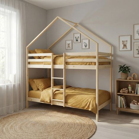 Lit enfant superposé cabane 90 x 190 cm pin naturel sommier à lattes inclus - Roya