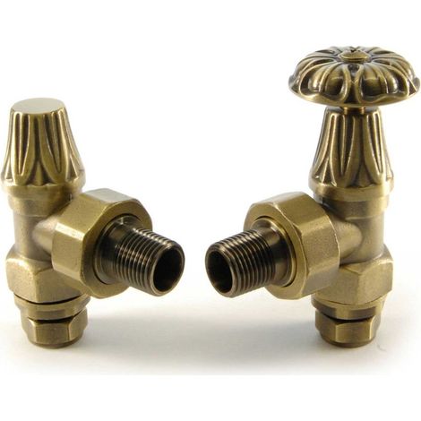 West Abbey Angled Manual Radiator Valve and Lockshield - Old English Brass (1/4)