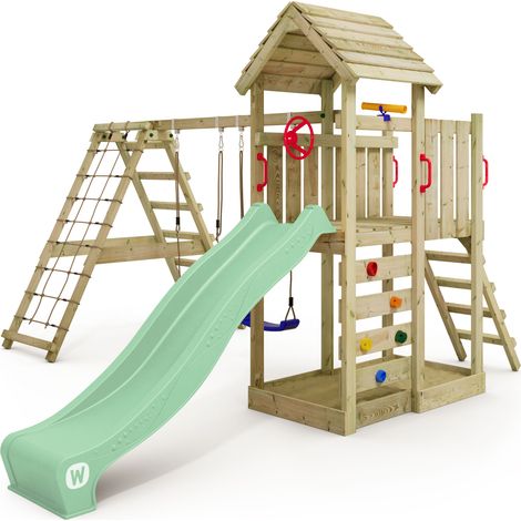 Wickey Wooden climbing frame RocketFlyer with swing set and slide, Garden playhouse with sandpit, climbing ladder & play-accessories - pastel green (1/5)