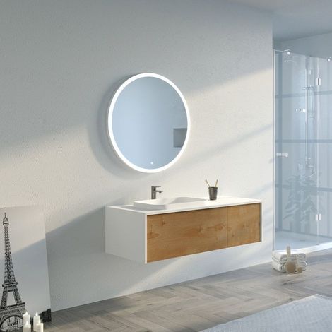 Distribain – Meuble sous vasque simple 120 cm en MDF blanc et bois naturel – Vasque en Solid Surface – 2 tiroirs avec système Push Open (1/5)