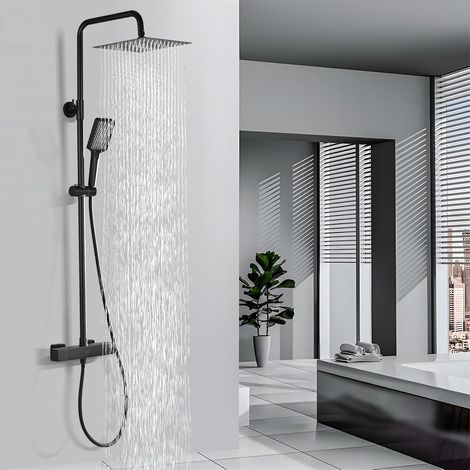 Colonne de Douche Thermostatique Noir Ensemble, Anti-Calcaire, Carré Acier Inoxydable Ensemble de Douche, Colonne Douche avec Pomme Douche 25 cm, Hauteur Réglable, Complet Salle de Bain (1/5)