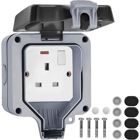 Double prise de courant étanche IP66 avec interrupteur, prises électriques murales avec couvercle, 2 prises 13A grises (simple - Royaume-Uni) (1/4)