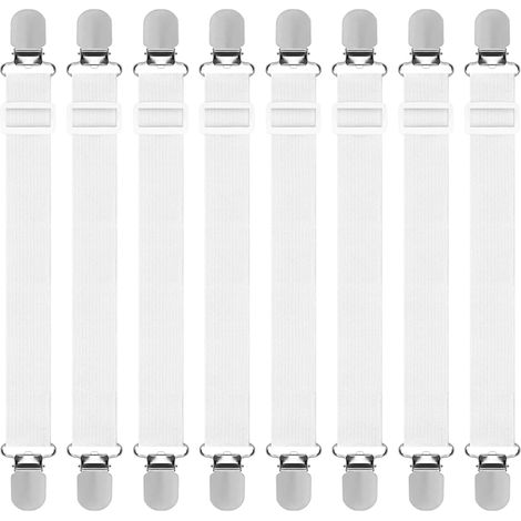 Tendeur Drap Housse - Lot de 8 - Nylon et Métal - Réglable 30-130cm - Pour Lit et Canapé - Blanc (1/5)