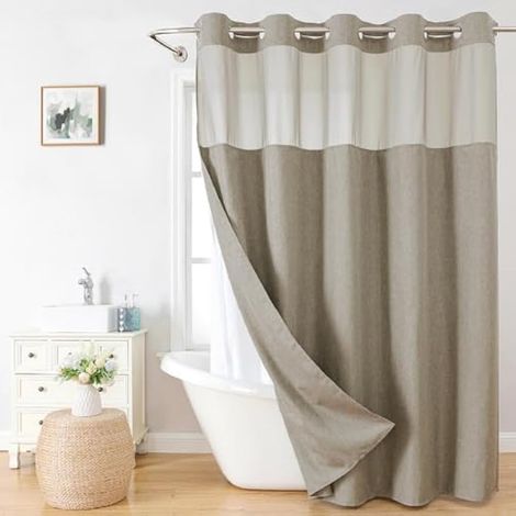 eachope Rideau de Douche texturé en Lin avec Doublure en Tissu à Clipser, Rideau de Douche décoratif de Luxe pour Salle de Bain avec fenêtre sur Le Dessus en Maille, imperméable et Lavable, 180 x 188 (1/5)
