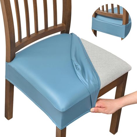 Wasserdichte Stuhlbezüge für Restaurantstühle (2-teiliges Set), Stuhlsitzset aus PU-Leder, abnehmbare und waschbare Stuhlbezüge, Rückenlehnenbezug (PU - hellblau).