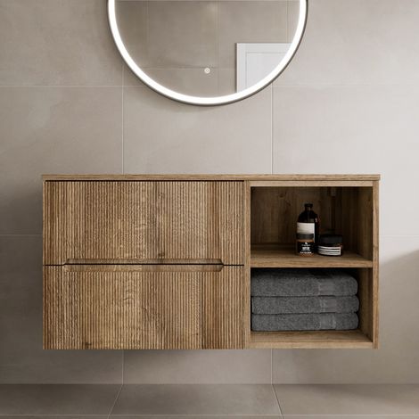 1000mm Bathroom Vanity Unit Countertop Wall Hung Fluted Oak Unit No Basin (1/5)