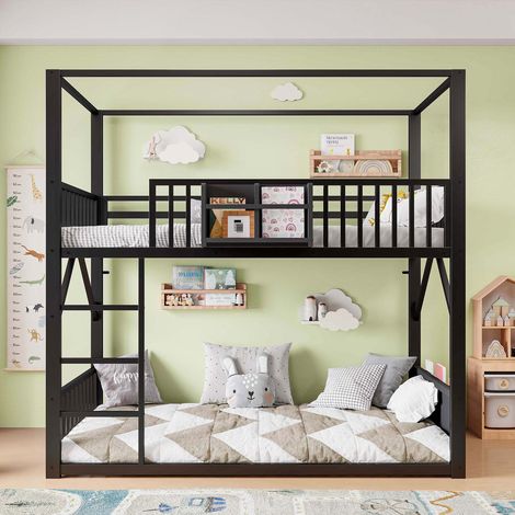 Letto a castello in metallo 90 x 200 cm per bambini e ragazzi, struttura letto singolo salvaspazio con tettoia, moderno letto a castello per bambini nero (1/5)