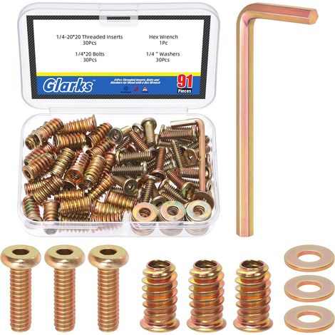 30 Sets d'inserts filetés 1/4-20 avec boulon à six pans creux de 20 mm et rondelles, écrous inserts à douille hexagonale en zinc coloré, écrous filetés avec boulon pour meubles en bois (1/5)