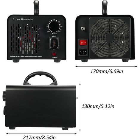 Générateur d'O3 2 en 1 avec modes air et eau, purificateur ioniseur, commercial et industriel pour maison, voiture, bureau, sous-sol, garage, animaux domestiques, fumée (1/5)