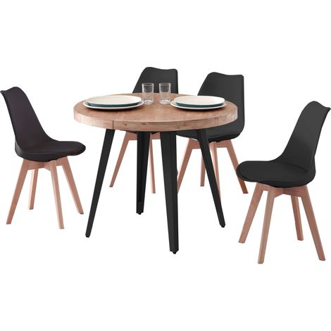 Conjunto de Mesa Extensible Redonda con 4 Sillas Estilo Industrial en Color Roble Nordish y Negro (1/5)