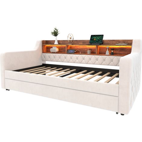 Cama diván convertible 90x190 cm de terciopelo beige con almacenaje, LED y USB-C (1/5)