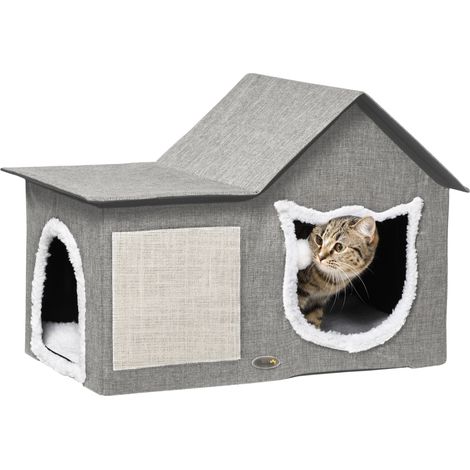 Maison pour chats Maison pour chats intérieure avec grattière, 5 cm gris, coussin doux et balle suspendue 65x41x45