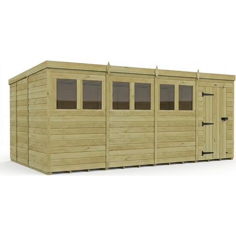 16ft x 9ft Pent Garden Shed Single Door With Windows - Pressure Treated Timber - L488 x W274 x H210 cm - Natural
