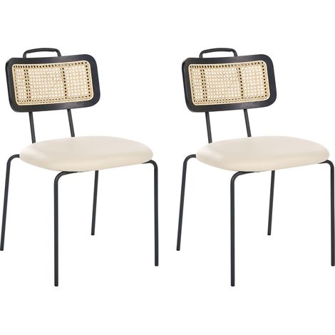 Set di 2 sedie con gambe in ferro, schienale in rattan PE, seduta in ecopelle, senza braccioli, coprigambe, design boho moderno, colore beige chiaro Adelanto