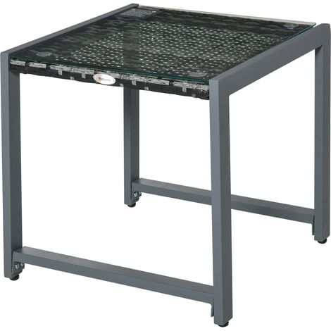 Tavolino da giardino quadrato in polyrattan, vetro temperato e alluminio, grigio (1/5)