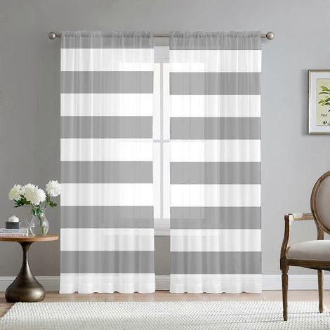 Rideau à rayures grises et beiges Central Park, en lin transparent, idéal pour une chambre, un salon ou une maison de campagne. Longueur : 241 cm (95 pouces), passe-tringle.