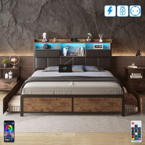 Bett 140x200 cm, 2 Plätze, mit 4 Schubladen, LED-Kopfteil, USB, 2 Schubladen, gepolstert aus Kunstleder, Holzlattenrost, Industrial Vintage, Doppelbett – Braun