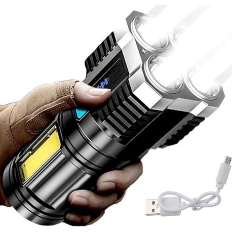 Lampe torche LED ultra-lumineuse à 4 cœurs, puissante et rechargeable par USB, idéale pour le camping et les activités de plein air. Lampe COB multifonctionnelle (1/5)