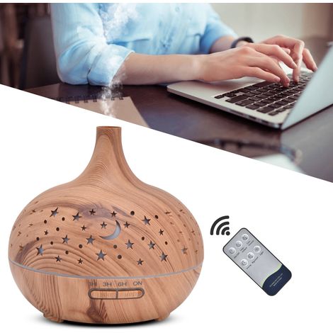 Humidificateur d'ambiance 400 ml, imitation bois, avec télécommande et veilleuse intégrée. Diffuseur d'huiles essentielles effet ciel étoilé. Batterie intégrée. Compatible avec les tensions 100-240 V (1/5)