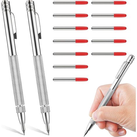 CCYKXA 2 Pack Scribing Tool, Tungsten Carbide Pen, Hard Metal Scribing Needle with Magnet, Scribing Needle with 12 Replacement Red Hat Marking Tips for Glass and Sheet Metal (1/5)