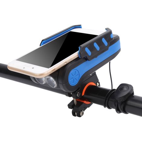Multifunktionale Fahrradfrontleuchte, USB-aufladbar, mit Hupe, Handyhalterung und Powerbank. Blau, 4000 mAh. (1/5)