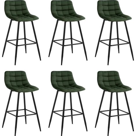 WOLTU Set di 6 sgabelli da bar con poggiapiedi, sgabello da bar/bistrot, seduta in velluto, gambe in metallo, verde scuro