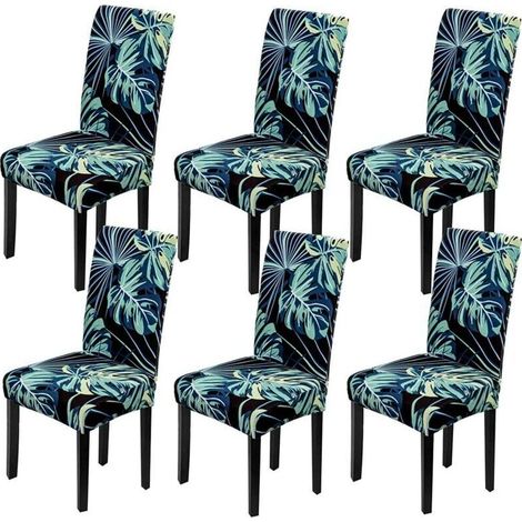 Housse de Chaise 6 pièces Couverture de Chaise Extensible Amovible Lavable Moderne Dossier Haut Housses de Chaises pour Salle à Manger Hôtel Mariage Décor(Feuilles Bleues,6 PCS)