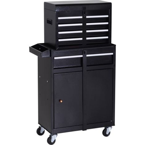 2 in 1 Metal Tool Chest with 5 Drawers, Pegboard, and Wheels. Perfect for organized storage, measuring 60x28x104.5cm in sleek black.