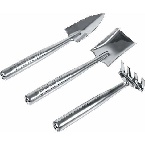 Ce mini-ensemble d'outils de jardin de 90 cm comprend une pelle, un râteau et une bêche en acier inoxydable pour creuser dans le jardin, planter de petites plantes et des fleurs. (1/5)