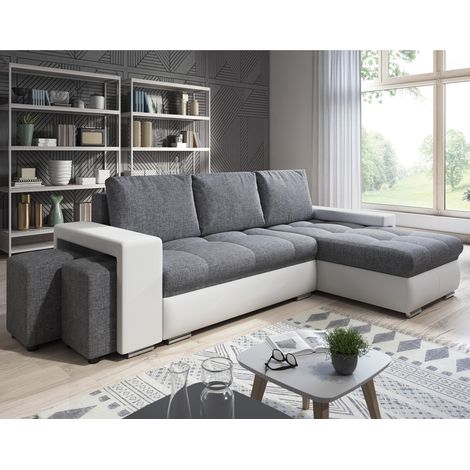 Canapé Angle Convertible + 2 Poufs CASA BAOLI Simon - Blanc et gris (1/5)