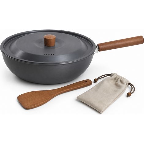 Wok de camping en aluminium avec poignée amovible sac rangement (1/5)