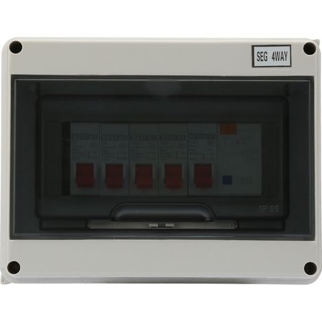 Tableau électrique 4 voies pour garage/caravane, 63 A, 30 mA, différentiel résiduel (RCD), 4 disjoncteurs (2 x 6 A + 20 A + 32 A). (1/5)
