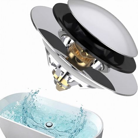 Bouchon de vidange de baignoire, bouchon de baignoire à bouton-poussoir et couvercle, collecteur de cheveux (1/4)