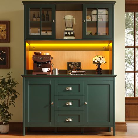 Buffet de cuisine 120x40x179 cm avec portes en verre brun LED multicolore étagères réglables tiroirs rangement vert rétro stylé