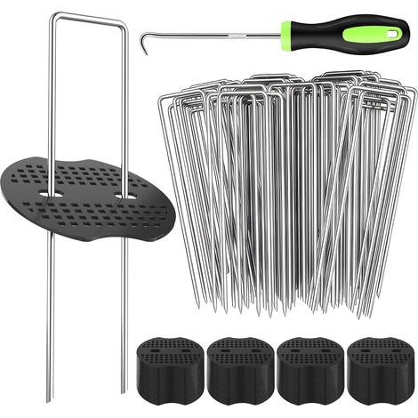 200 Pièces Ancres au Sol Forme U + 100 Rondelles, Acier Galvanisé 150x30x3 mm, Fixation Toile Anti-Mauvaises Herbes, Jardin, Bordures Gazon, Tentes (1/5)