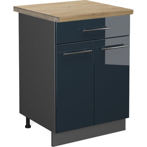 Mueble bajo de cocina Fame-Line, Azul oscuro alto brillo, 60 cm con cajón, ET Roble, Vicco
