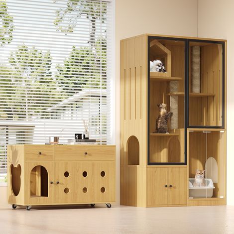 Casa para gatos plataforma múltiple 90x50x160cm vidrio y MDF diseño color arce