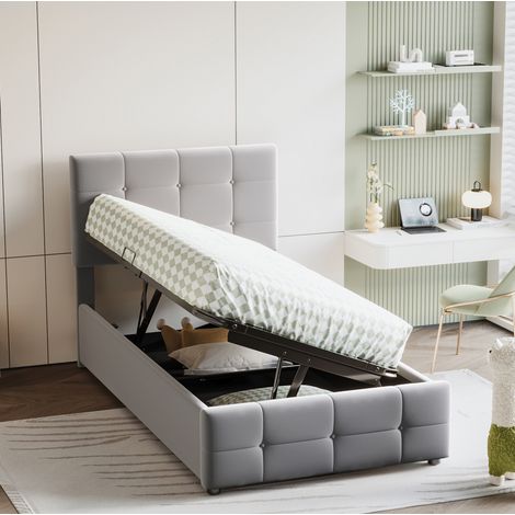 MEUBLIV Bettgestell 90x200 cm grau – mit Stauraum und verstellbarem Kopfteil, ohne Matratze (1/5)