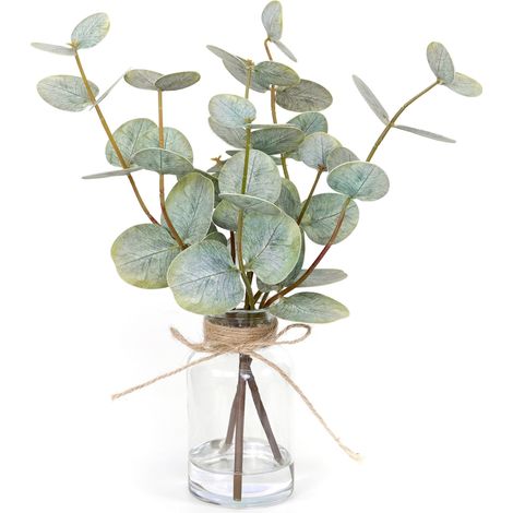 Eucalyptus Artificiel - 3 Tiges Double Face avec Tiges Filaires - Vase en Verre Transparent - Décoration Intérieure Maison et Mariage - Lot de 3 (1/5)