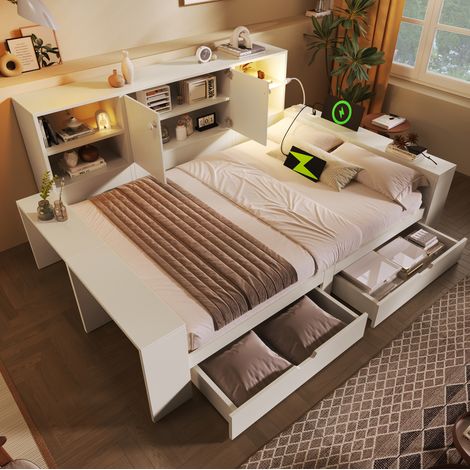 Letto contenitore 140x200 cm bianco in MDF e compensato con cassetti, prese USB/USB-C e luce da lettura (1/5)