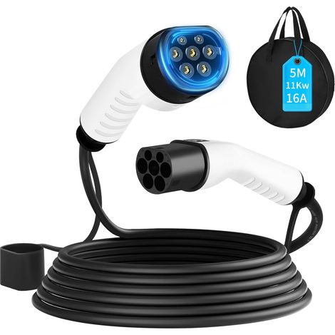 Câble de charge de type 2 11 kW 5 m 16 A EV pour voiture électrique avec sac de transport type 2 vers type 2 EV pour voiture Model 3/Y, ID.3/4/5, C5X, DS7, GLA, Q3, X3 (1/5)