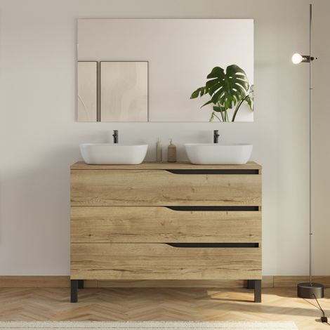 Meuble de salle de bain 120cm avec plateau et 2 vasques à poser Zeus - 3 tiroirs - madera miel (bois clair) - MATA (1/5)