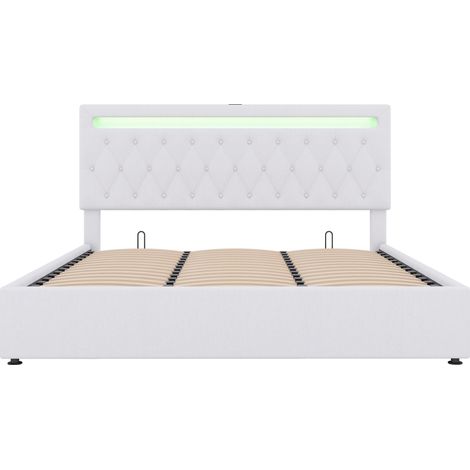 Cama con canapé 180 x 200 cm de lino blanco con LED, USB y elevación hidráulica (1/5)