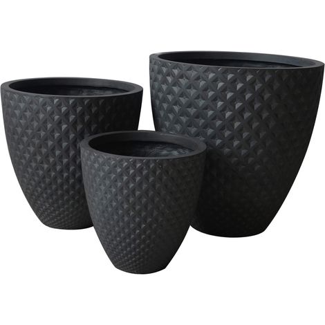 Vasi tondi bassi da esterno giardino in fibra di argilla decorata nero opaco set 3 pezzi Miltonia