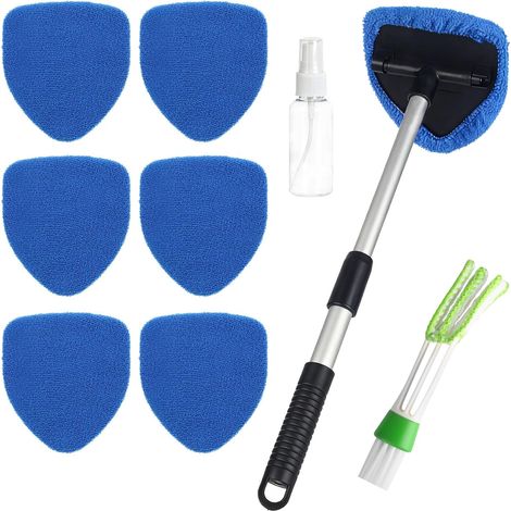 Kit Nettoyage Voiture, comprenant 6 tampons de nettoyage en microfibre, une brosse de climatisation et 1 flacon pulvérisateur poignée télescopique rotative à 180 degrés(Bleu) (1/5)