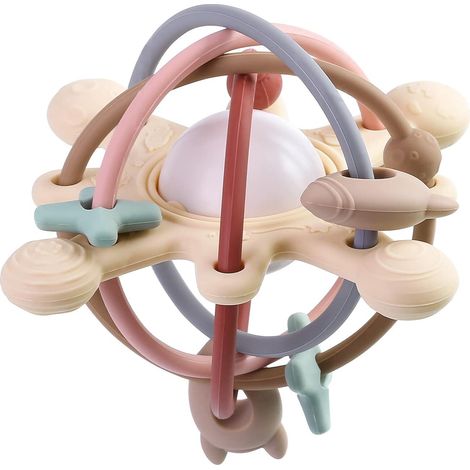 Jouet sensoriel et de dentition en silicone pour bébé, hochet Montessori, balle de dentition pour nourrissons de 0 à 6 mois et de 6 à 12 mois, jouet à mâcher d'éveil pour bébés de 3 à 6 mois(brun) (1/5)